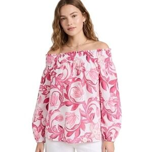 H&M Blouse Top Women's Size Medium Pink Floral Summer Tropical Off Shoulder Tube